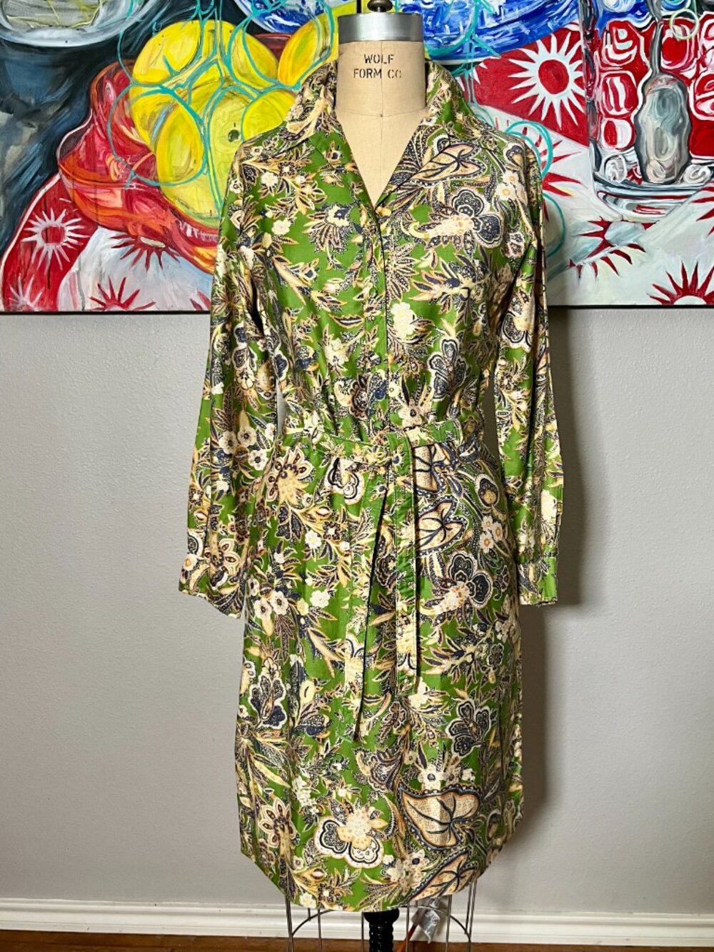 Lady Bayard Vintage Green Paisley Floral Belted Shirt Dress Midi 60s - Picture 2 of 8